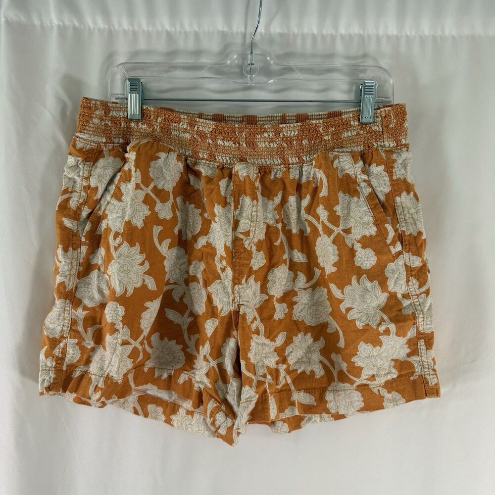 Briggs Linen Blend Shorts Womens Large Yellow Floral Pull On Elastic Waist 4" In